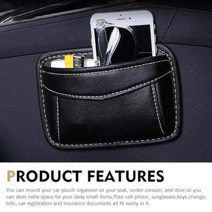 Car Seat Side Pocket Organizer, Black PU Leather Mini Auto Seat Storage Bag, Pen Phone Holder Tray Pouch Vehicle Seats Gap Filler, Universal Organize for Documents Registration Notepad