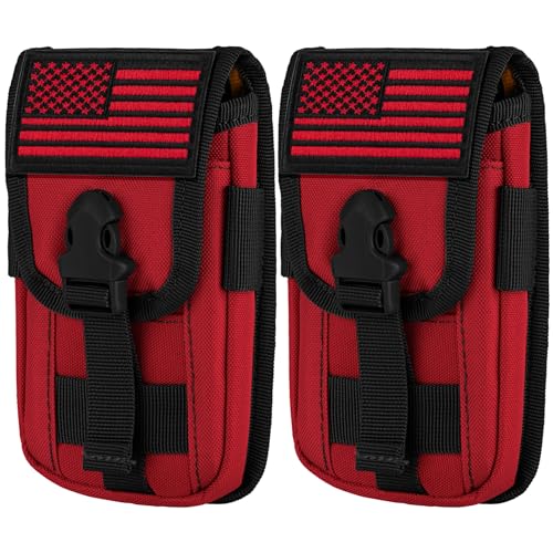 2 Pack Tactical Phone Holster Pouch, Smartphone Pouch Case Molle Attachment Belt Holder for 4.7"-6.9" Phone with US Flag Patch for iPhone 18 Pro Max/17/16/15/14 Pro Max - color: Red