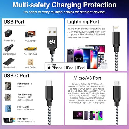 Long Multi Charging Cable,USB Universal Charger,2Pack 6ft Car Cord - color: Grey/Black-6FT-2Pack