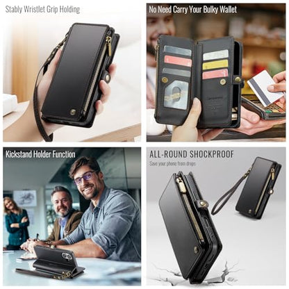 Defencase for iPhone 17 Wallet Case with RFID Blocking Card Holder, Black | Durable Soft PU Leather, with Zipper Pocket, Wrist Strap, Fashion Snap Flip Phone Cases Cover with Stand for Women and Men - color: Black