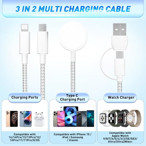 3 in 2 Fast Charger Cable,Thick Braided Charging Cord USB C Watch Phone Charger,Compatible with Apple Watch Ultra SE Series1-11,Travel Multi Devices All in One Combo Wire, 4FT/1.2M-Starlight - style: L1ghtning + TYPC C