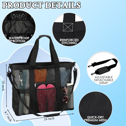 GYEUKHAM Mesh Beach Bag for Women, Sand-Resistant Pool Tote, 9 Pockets (1 Inner Zip), Foldable Family Travel Essentials - color: Extra Large - Black