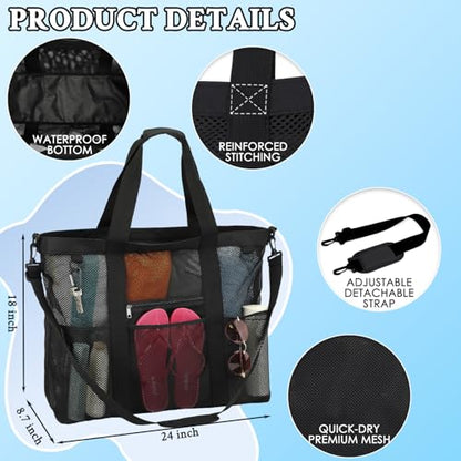 GYEUKHAM Mesh Beach Bag for Women, Sand-Resistant Pool Tote, 9 Pockets (1 Inner Zip), Foldable Family Travel Essentials - color: Extra Large - Black