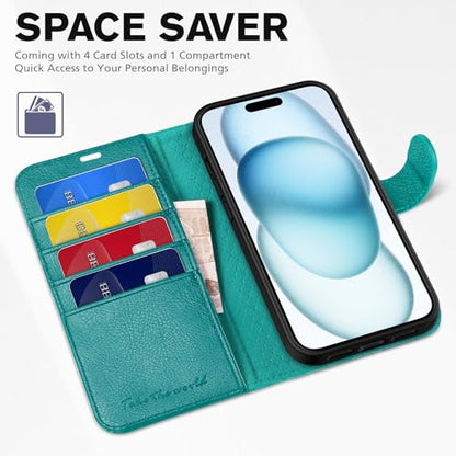 TUCCH Wallet Case for iPhone 15 (6.1") 2023, 4 Card Slots, Cyan | RFID Blocking, Viewing Stand, Shockproof TPU Shell, PU Leather, Magnetic Closure, Protective Folio Flip Cover - color: Cyan - Textured