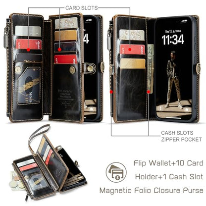 Defencase for Samsung Galaxy S26 Ultra Wallet Case with Card Holder, Coffee | with RFID Blocking Zipper Pocket, Durable PU Leather, Wrist Strap, S26 Ultra Flip Phone Cases Cover with Stand for Women Men - color: Coffee