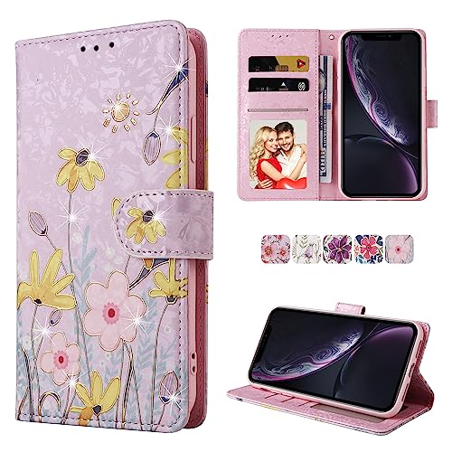 UEEBAI Wallet Case for iPhone 15, PU Leather Phone Cover Kickstand RFID Blocking Flip Case Card Slots Wrist Strap Relief Engraved Pattern Magnetic Closure Flower Folio Wallet, Sunflower - color: Sunflower, size: iPhone 15