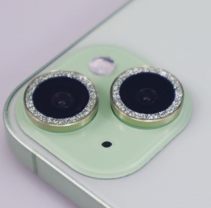 BONVAN for iPhone 15/15 Plus Camera Lens Protector Bling Glitter Metal Crystal Tempered Glass Screen Accessories Sparkly Lens Cover, also Compatible with iPhone 16e (2PCS) (Green) - color: Green