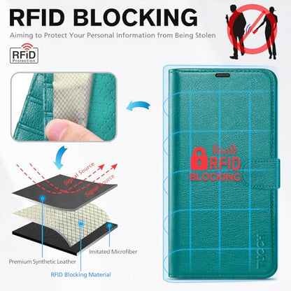 TUCCH Wallet Case for iPhone 16 (6.1") 2024, 4 Card Slots, Cyan | RFID Blocking, Viewing Stand, Shockproof TPU Shell, PU Leather, Magnetic Closure, Protective Folio Flip Cover - color: Textured Cyan