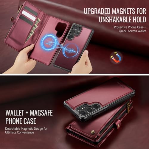 Defencase for Galaxy S24 Ultra Case Wallet Compatible with Magsafe, WineRed | Magnetic Detachable, RFID Bolcking Card Holder, Zipper Strap, PU Leather Drop-Proof Phone Cover for Samsung Galaxy S24 Ultra - color: (Detachable with Magsafe)-Wine Red