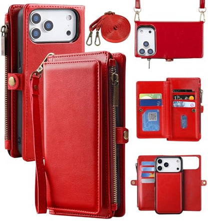 for iPhone 17 Pro Wallet Case, [Compatible with Magsafe] [Magnetic Detachable] [RFID Blocking] PU Leather Case with Card Holder & Crossbody Strap for Women Men, Red - color: Red