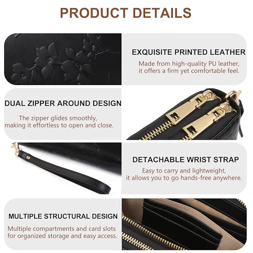 yiijay Womens Wallet RFID Blocking Large Capacity Vegan Leather Double Zip Wristlet Wallet Card Holder Travel Ladies Clutch - color: Black