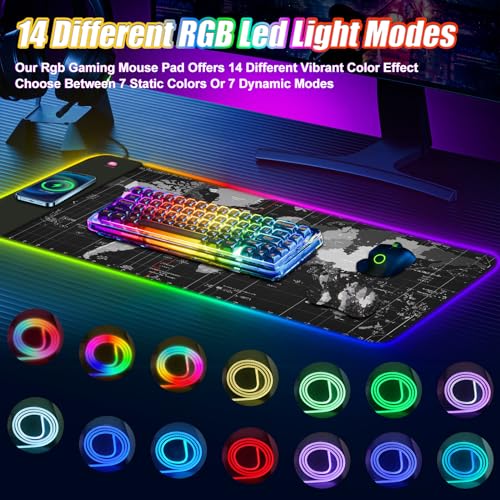 ToLuLu Wireless Charging RGB Gaming Mouse Pad, 15W Mouse Mat w/ 30W Charger - color: World Map