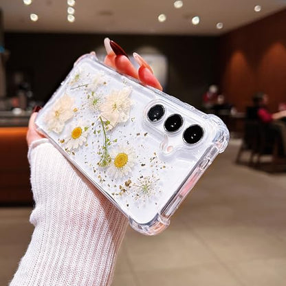 Compatible with Samsung Galaxy S25 Plus Case Cute Pressed Dried Real Flowers Women Girly Shockproof Glitter Floral Clear Phone Cover S25+ (White Flower) - color: White Flower, size: Samsung S25 Plus