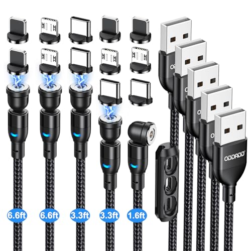 Magnetic Charging Cable 5-Pack (1.6/3.3/3.3/6.6/6.6FT), 540° Rotating Magnetic Phone Charger Cable with LED Light for Micro USB, USB C and i-Product Device