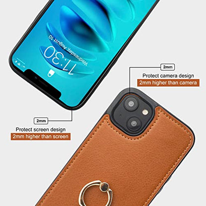 Folosu Compatible with iPhone 14 Case Wallet with Card Holder, 360°Rotation Finger Ring Holder Kickstand, RFID Blocking Leather Protective Double Buttons Shockproof Cover 6.1 Inch Brown - color: Brown, size: iPhone 14