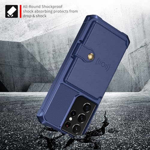 Wallet Case for Samsung Galaxy S21 Ultra, Compatible with Magnetic Car Mount, Heavy Duty Shockproof Rugged Soft TPU Back Leather Flip Credit Card Holder Cover 6.8 inch, Blue | Compatible with Magnetic Car Mount, Shockproof Rugged Soft TPU Hard Back Leathe