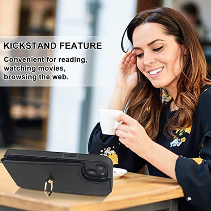 Folosu Compatible with iPhone 14 Plus Case Wallet with Card Holder, 360°Rotation Finger Ring Holder Kickstand, RFID Blocking Leather Protective Double Buttons Shockproof Cover 6.7 Inch Black - color: Black, size: iPhone 14 Plus