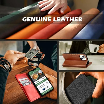 SHIELDON Genuine Leather Case Wallet for iPhone 13 6.1", Midnight Green | Folio Magnetic Closure, RFID Blocking, Credit Card Holder, Kickstand, Shock Absorbing Protective Cover - color: Midnight Green