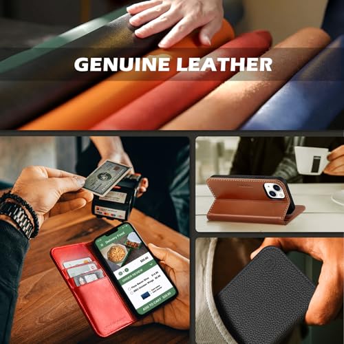 SHIELDON Genuine Leather Folio Wallet Case for iPhone 13 6.1" 2021, Black | Magnetic Closure, RFID Blocking, Credit Card Holder, Kickstand, Book Design, Shockproof Phone Cover - color: Black