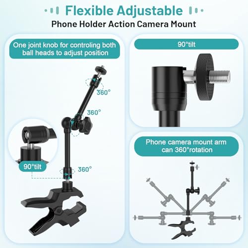Phone Holder Jaw Flex Clamp Clip Mount,360°Adjustable Aluminium Alloy Arm Mount,Cellphone Clip Stand for Desk/Table/Post/Board,Compatible with 3.5~7.5" iPhone/HTC/LG/Huawei/Galaxy/Gopro Hero