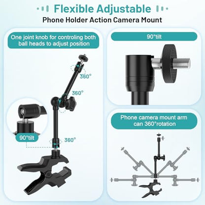 Phone Holder Jaw Flex Clamp Clip Mount,360°Adjustable Aluminium Alloy Arm Mount,Cellphone Clip Stand for Desk/Table/Post/Board,Compatible with 3.5~7.5" iPhone/HTC/LG/Huawei/Galaxy/Gopro Hero