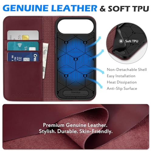 SHIELDON Genuine Leather Wallet Case for iPhone Air 6.5" 2025, Wine Red | Magnetic Closure, RFID Blocking, Credit Card Slot, Kickstand, Flip Book Design, Shockproof Phone Cover - color: Wine Red