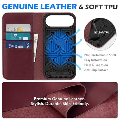 SHIELDON Genuine Leather Wallet Case for iPhone Air 6.5" 2025, Wine Red | Magnetic Closure, RFID Blocking, Credit Card Slot, Kickstand, Flip Book Design, Shockproof Phone Cover - color: Wine Red