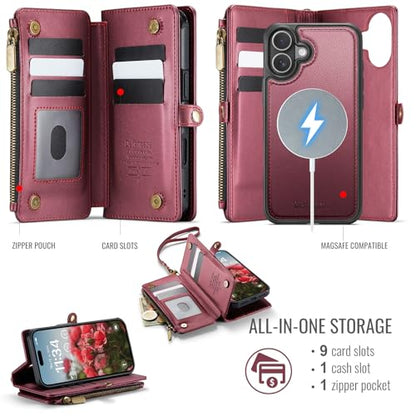 Defencase for iPhone 17 Phone Case Wallet Compatible with Magsafe, Wine Red | Magnetic Detachable, Drop-Proof Protective Wallet Cases Cover, with RFID Bolcking Card Holder, Zipper Strap, Soft PU Leather - color: (Detachable with Magsafe)-Wine Red