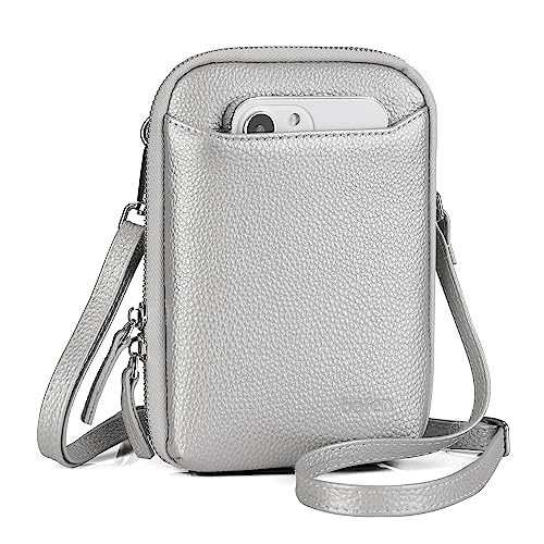 befen Genuine Leather Crossbody Cell Phone Purse for Women, Small Zip Around RFID Blocking Crossbody Wallet Bags - color: Silver-grey