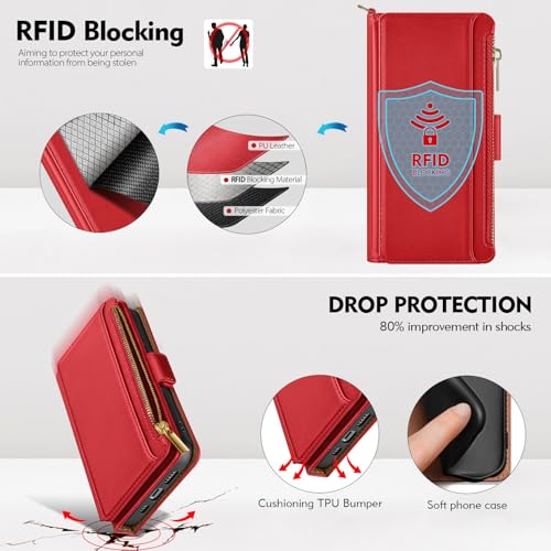 Antsturdy for iPhone 16 Pro Max Phone Wallet Case Women,Red | RFID Blocking,with Credit Card Holder Slots,PU Leather Purse,Zipper Pocket,Wrist Strap Kickstand,Flip Folio Cover for Men - color: Red