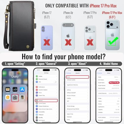 Defencase for iPhone 17 Pro Max Wallet Case with RFID Card Holder, Black | Durable Soft PU Leather, with Zipper Pocket, Wrist Strap, Fashion Snap Flip Phone Cases Cover with Stand for Women and Men - color: Black