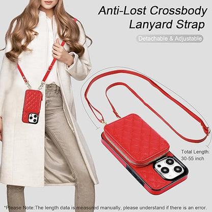 Bocasal Crossbody Wallet Case Card Holder for iPhone 15 Pro, Red | RFID Blocking PU Leather Zipper Handbag Purse, Kickstand Flip Folio Case with Card Slots Holder Wrist Strap Lanyard 6.1 Inch - color: Red