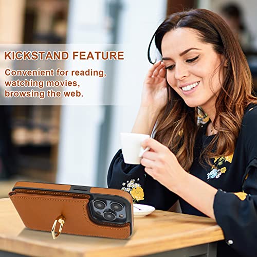 Folosu Compatible with iPhone 14 Pro Case Wallet with Card Holder, 360°Rotation Finger Ring Holder Kickstand, RFID Blocking Leather Protective Double Buttons Shockproof Cover 6.1 Inch Brown - color: Brown, size: iPhone 14 Pro