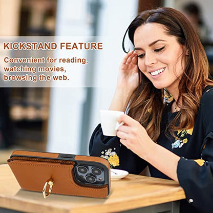 Folosu Compatible with iPhone 14 Pro Case Wallet with Card Holder, 360°Rotation Finger Ring Holder Kickstand, RFID Blocking Leather Protective Double Buttons Shockproof Cover 6.1 Inch Brown - color: Brown, size: iPhone 14 Pro