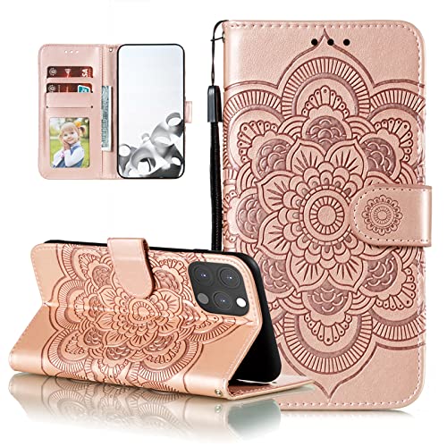 EYZUTAK Case for iPhone 13 Pro, Premium PU Leather Magnetic Flip Wallet Case with Card Holder Cash Slot Lanyard Strap Kickstand Function Embossed Mandala Flower Pattern Shockproof Cover - Rose Gold - color: Rose Gold, size: iPhone 13 Pro