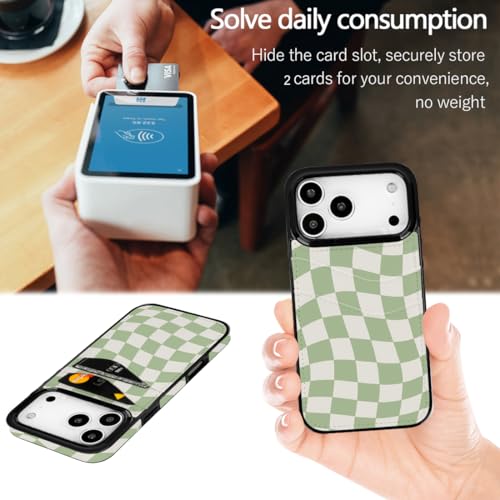 Compatible with iPhone 17 Pro Wallet Case (Green Checkerboard) | with 2 Card Holder PU Leather Slot Shockproof Soft TPU Cover for Women Girls Cute Case - color: Green Checkerboard, size: iPhone 17 Pro 6.3 inch