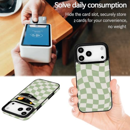 Compatible with iPhone 17 Pro Wallet Case (Green Checkerboard) | with 2 Card Holder PU Leather Slot Shockproof Soft TPU Cover for Women Girls Cute Case - color: Green Checkerboard, size: iPhone 17 Pro 6.3 inch