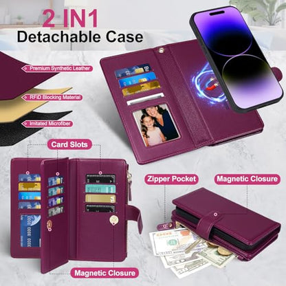 Magnetic Case for iPhone 16 Wallet Compatible with Magsafe RFID Blocking Card Holder Detachable Phone Cover Kickstand Snap Strap Zipper Pocket PU Leather 6.1 inch (Burgundy) - color: Burgundy, size: iPhone 16