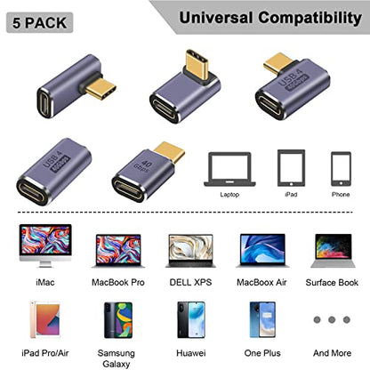 Poyiccot USB C 90 Degree Adapter 5 Style, 90 Degree USB C Adapter【100W PD /40Gbps/8K@60Hz 】 Right Angle Type C Extender Thunderbolt 4 Connector for Steam Deck, ROG Ally, MacBook, Smart Phone - style: usb c extension adapter 5pack