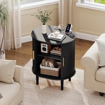 DHH Mid Century Modern Nightstand with Charging Station, Fluted Accent Side Table with Sliding Door & Adjustable Shelf, End Table for Small Space, Living Room, Bedroom,Sofa Couch (1, Black) - color: Black