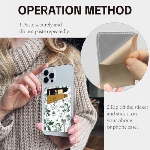 CREATCABIN Flower Phone Card Holder Leather Cell Phone Wallet Stick on Adhesive Credit Card Holder Slim Double Pocket Sticker for Back of Phone Case Compatible with Most Phones 3.7 x 2.5 Inch - style: Flower