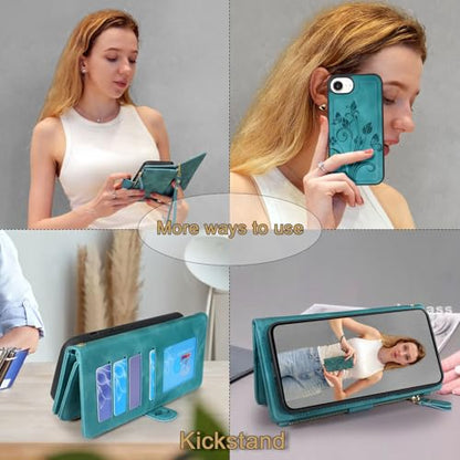 Case Wallet Compatible with iPhone 16e/17e, [12 Card Slots] ID Credit Cash Holder Zipper Pocket Detachable Leather Wallet Cover with Wrist Strap Lanyard（Floral Blue Green） - color: Floral Blue Green
