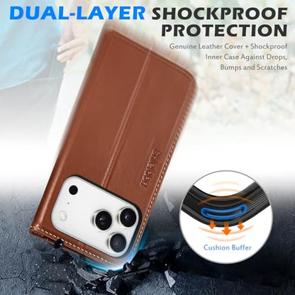 SHIELDON Genuine Leather Case Wallet for iPhone 17 Pro Max, Retro Brown | Flip Magnetic Cover, RFID Blocking, Credit Card Holder, Kickstand, Book Design, Shock-Absorbent Phone Cover - color: Retro Brown