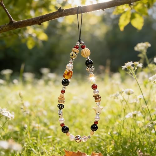 Cute Beaded Camera Wrist Strap for Phone, Digital Camera Charm Lanyard, Pearl Beaded Chain for Bag Keychain Gift - color: Brown Bead