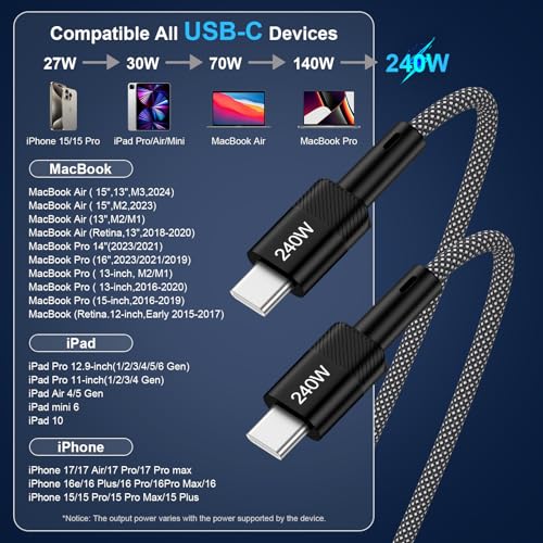 240W USB-C Charge Cable Super Fast Charging 10 FT Long USB C to USB C Cord