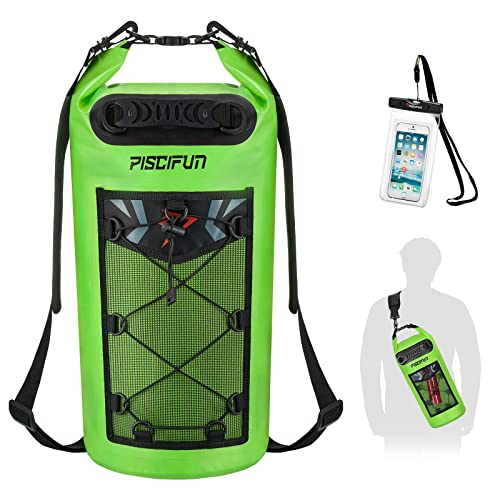 Piscifun Dry Bag, Waterproof Floating Backpack 10L/20L/30L/40L | Waterproof Phone Case, Adjustable shoulder straps, Roll-top closure keeps gear dry, Ideal for Boating, Kayaking, Fishing - color: Light Green, style: 10l