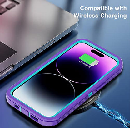 for iPhone 14 Pro Max Case with 2 Screen Protector, Heavy Duty Shockproof Drop Proof Military Rugged 3-Layer Tough Durable Protective Cover for Apple iPhone 14 Pro Max 6.7" (Purple/Blue) - color: Purple/Blue