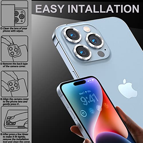 [3+1] Compatible for iPhone 15 Pro ＆ iPhone 15 Pro Max Camera Lens Protector 9H Tempered Glass Camera Cover Metal Individual Ring Full Coverage Camera Lens Protector with Removal Tool (silver) - color: silver
