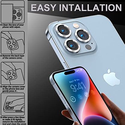 [3+1] Compatible for iPhone 15 Pro ＆ iPhone 15 Pro Max Camera Lens Protector 9H Tempered Glass Camera Cover Metal Individual Ring Full Coverage Camera Lens Protector with Removal Tool (silver) - color: silver