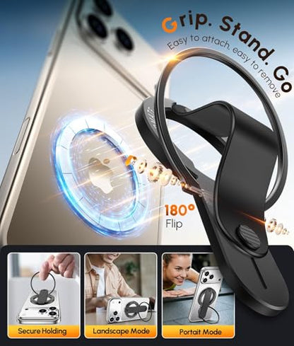 GripMate 2nd Magnetic Phone Grip Stand, Slim MagSafe Phone Ring Holder - color: Balck